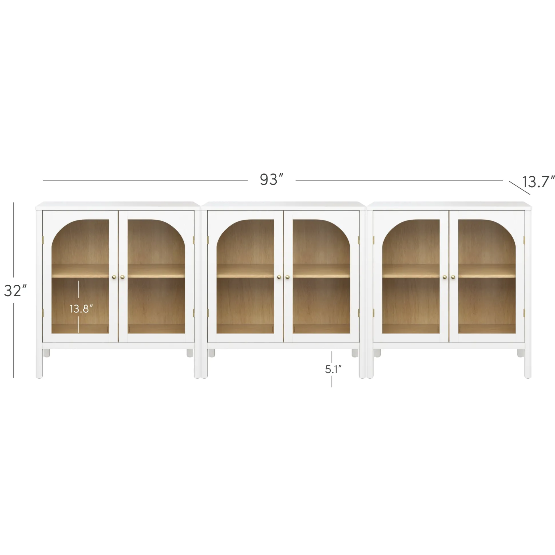 Curio Cabinet Credenza with Glass Door White (Set of 3)