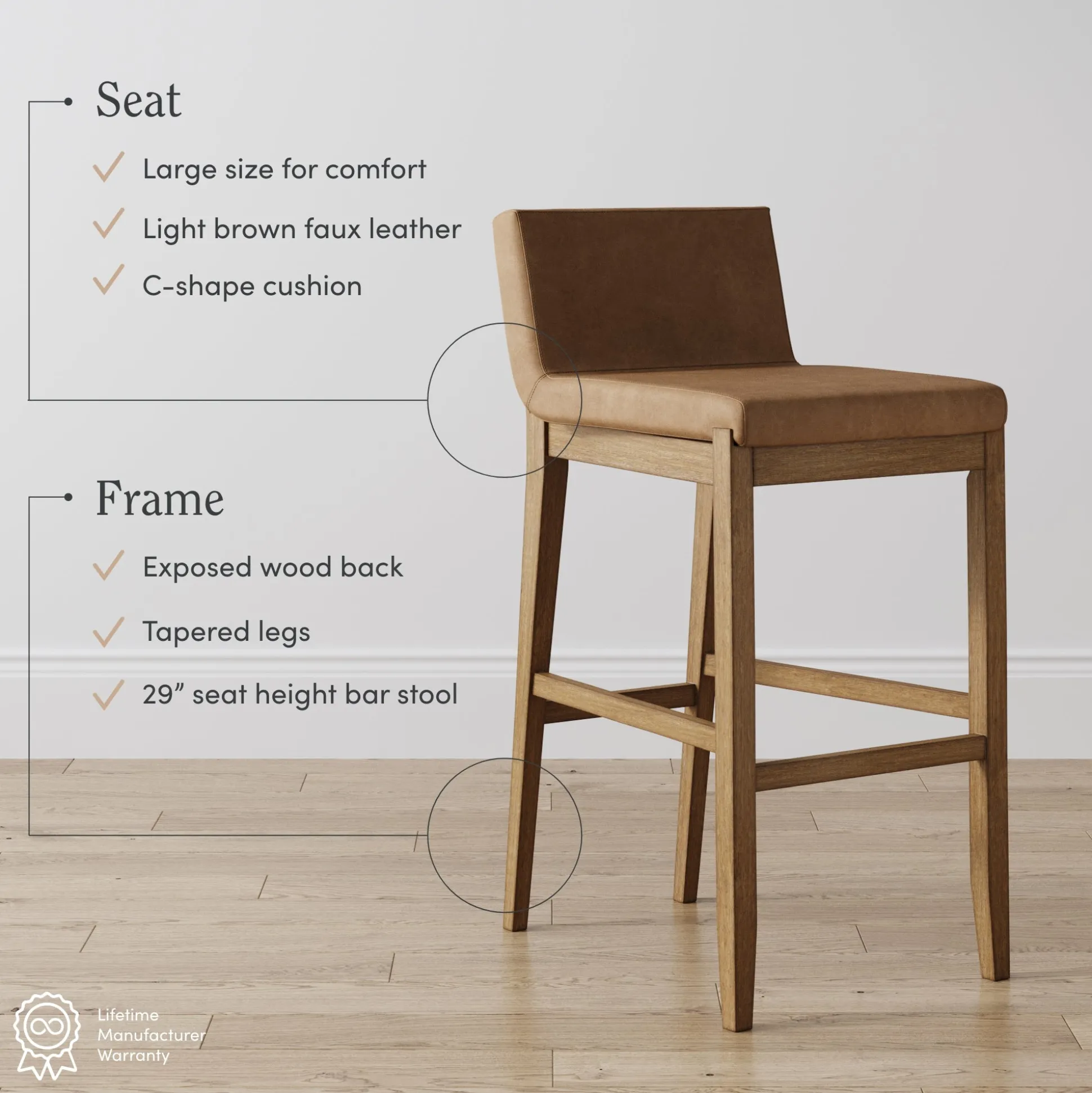 Exposed Wood Back Bar Stool Light Brown