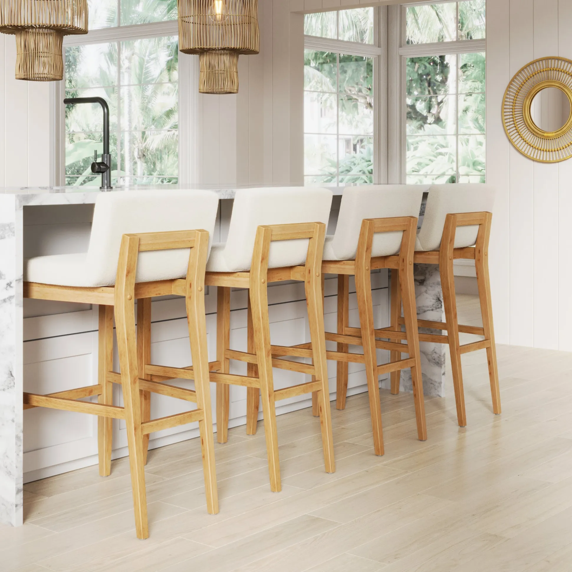 Exposed Wood Back Boucle Bar Stool Warm Pine Boucle (Set of 4)