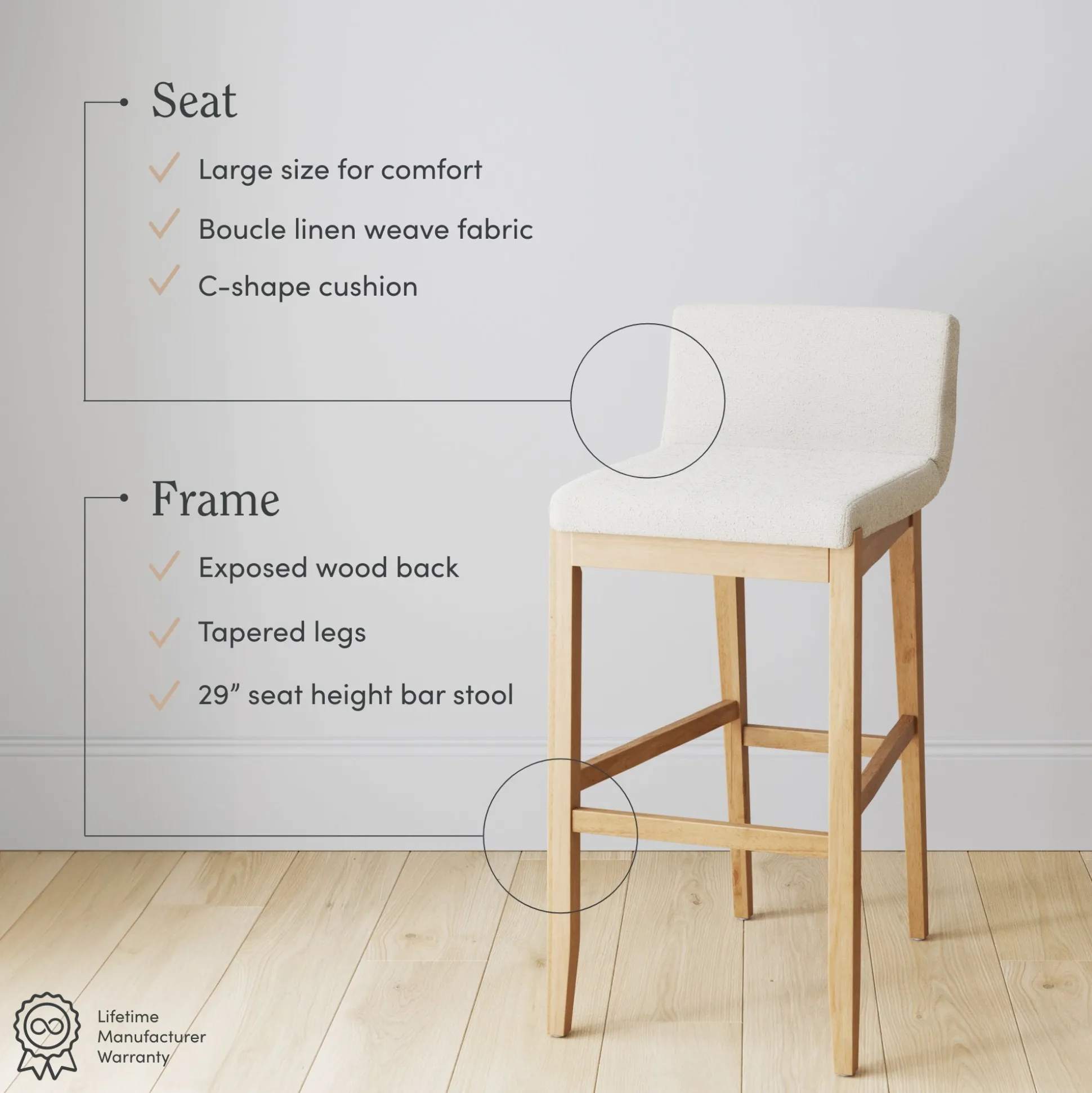Exposed Wood Back Boucle Bar Stool Warm Pine Boucle (Set of 4)