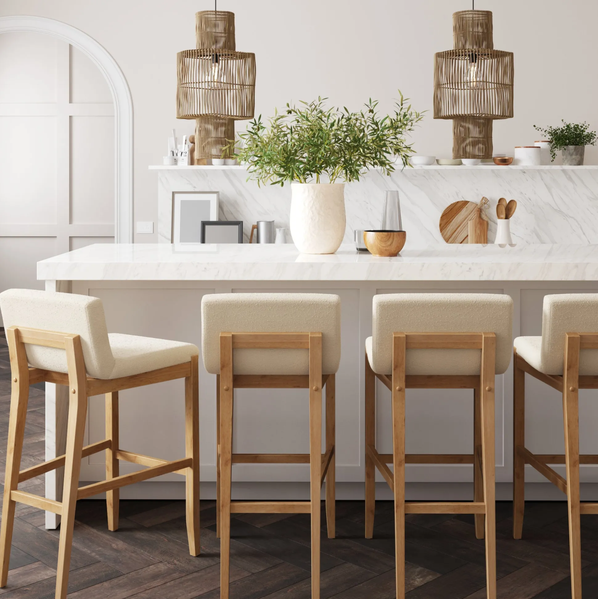 Exposed Wood Back Boucle Bar Stool Warm Pine Boucle (Set of 4)