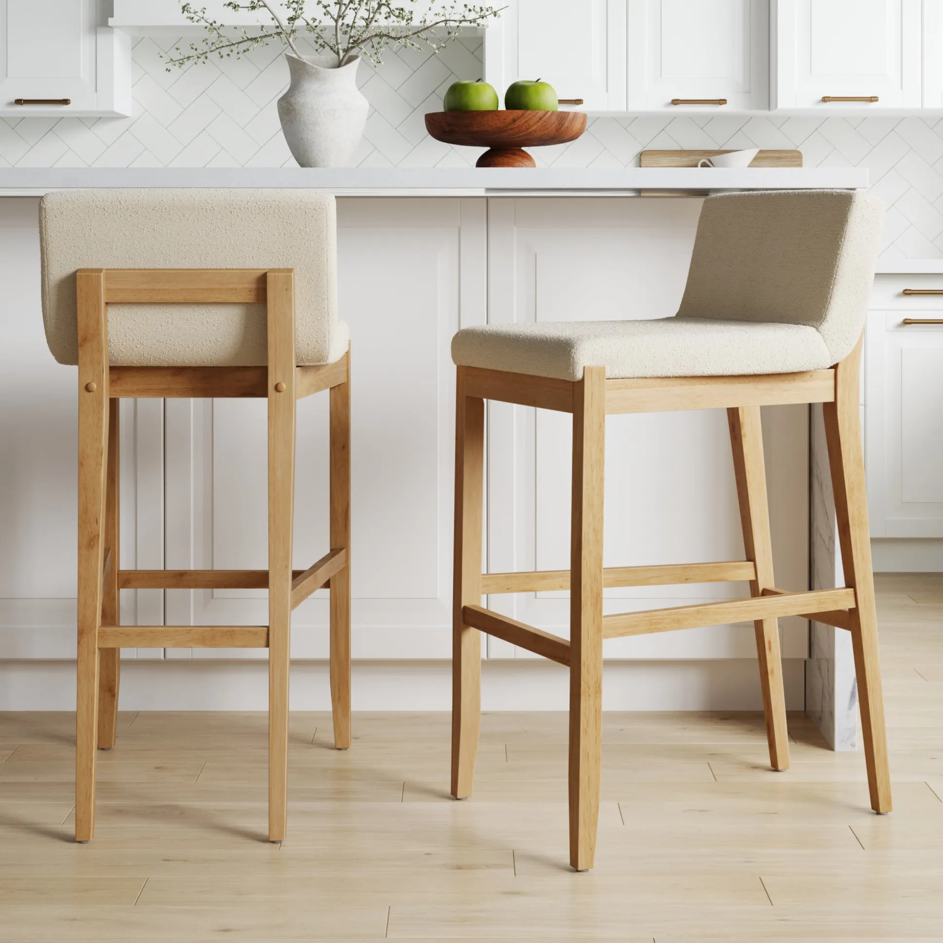 Exposed Wood Back Boucle Bar Stool Warm Pine Boucle (Set of 2)