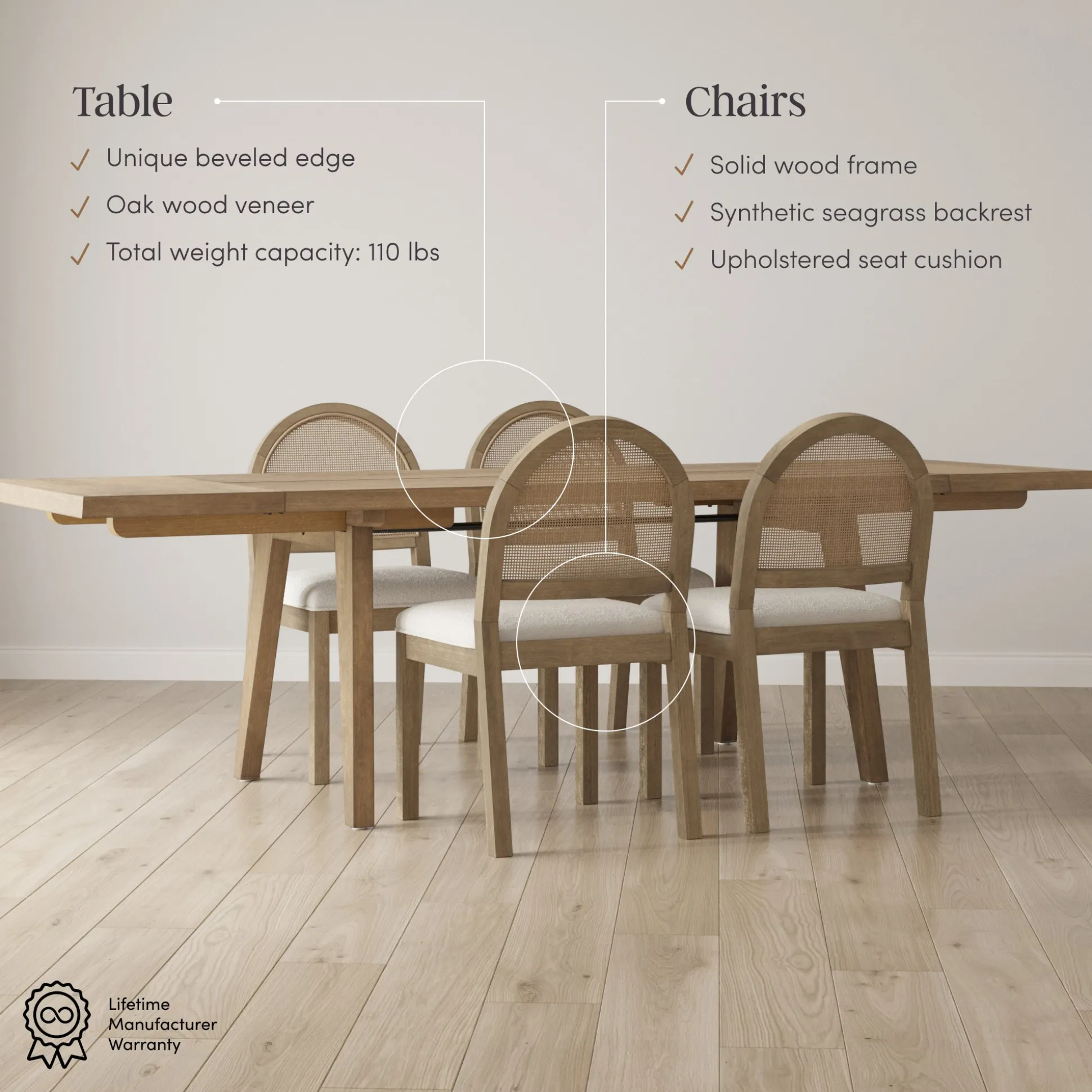 Extendable Boho Rattan Dining Table Set (4 Chairs)