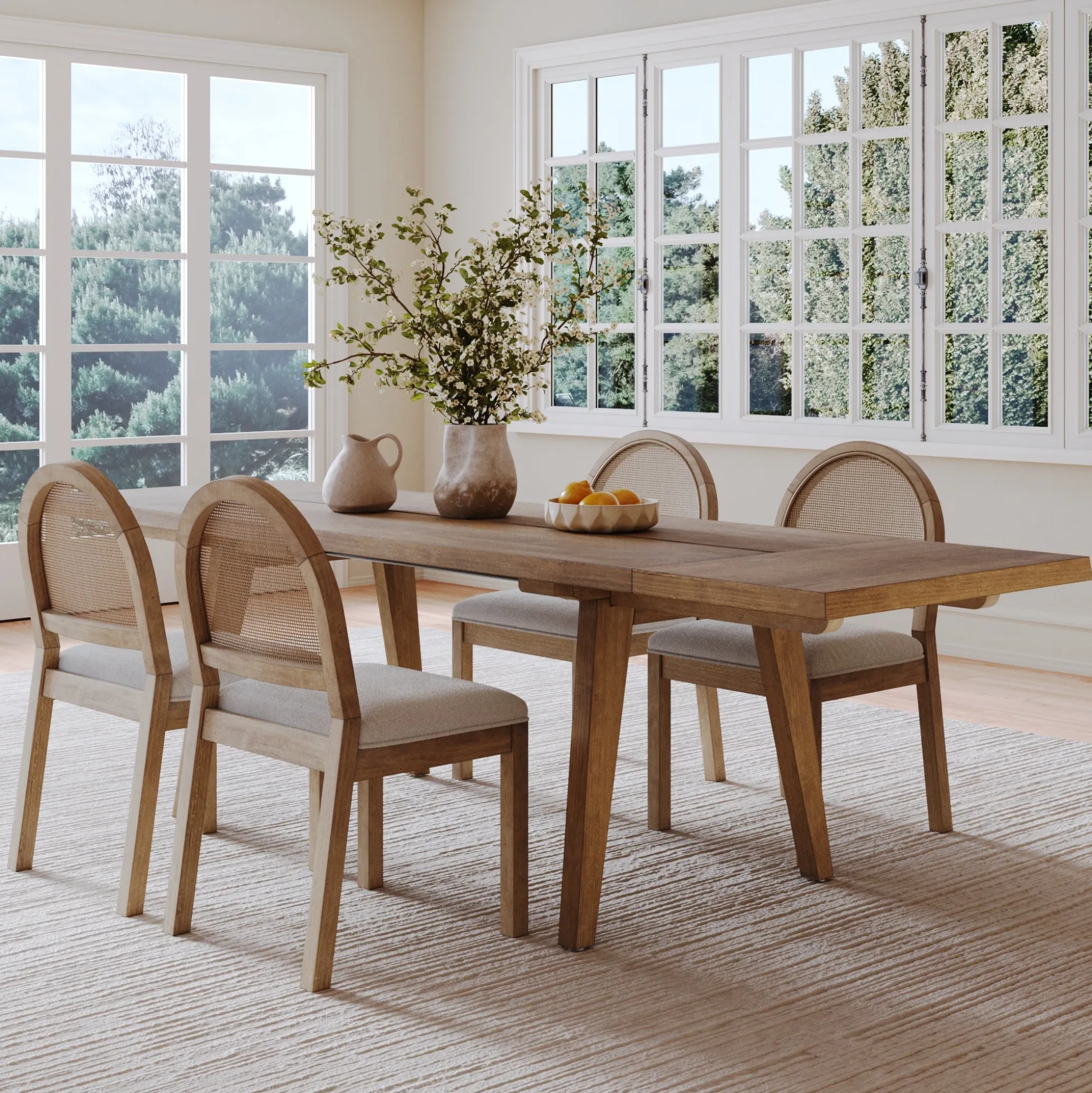 Extendable Boho Rattan Dining Table Set (4 Chairs)