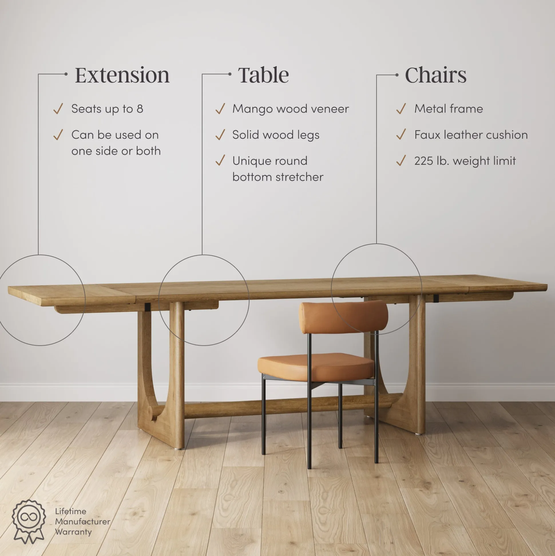Extendable Faux Leather Dining Table Set (8 Chairs)