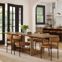 Extendable Mid-Century Faux Leather Dining Table Set (6 Chairs)