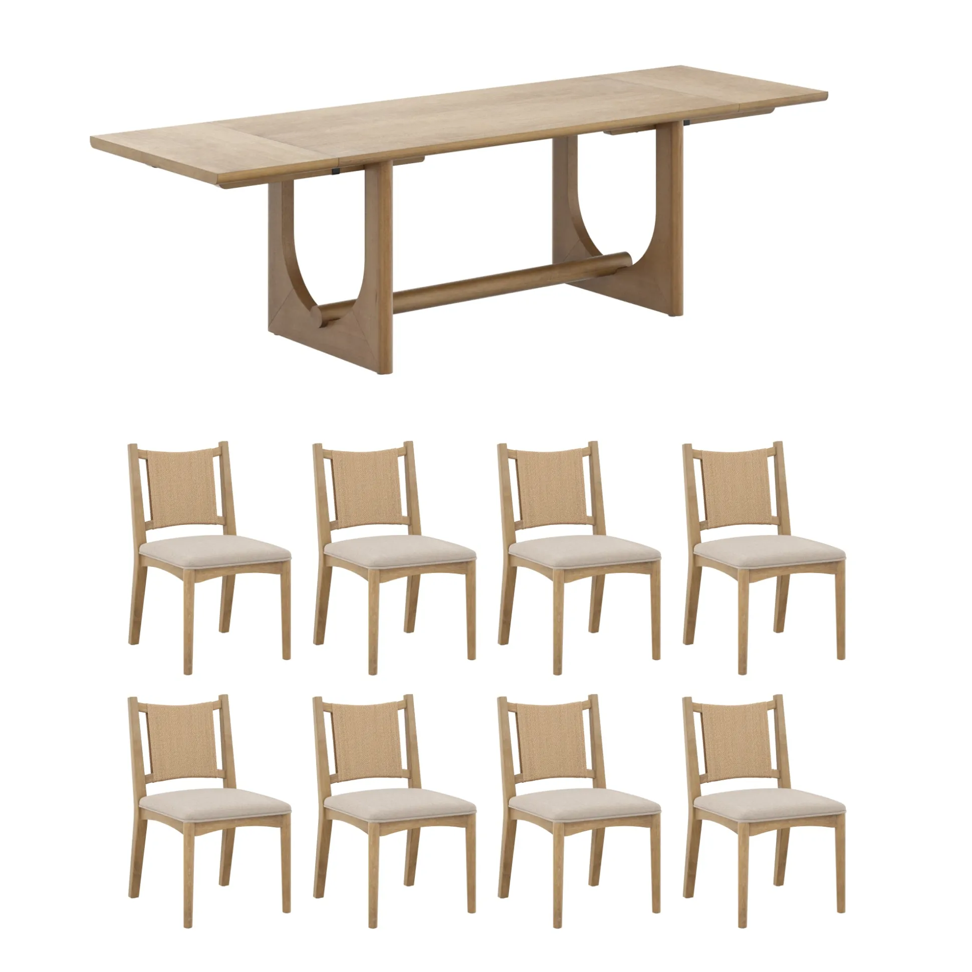 Extendable Mid-Century Flax Dining Table Set (8 Chairs)
