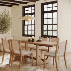 Extendable Mid-Century Flax Dining Table Set (6 Chairs)