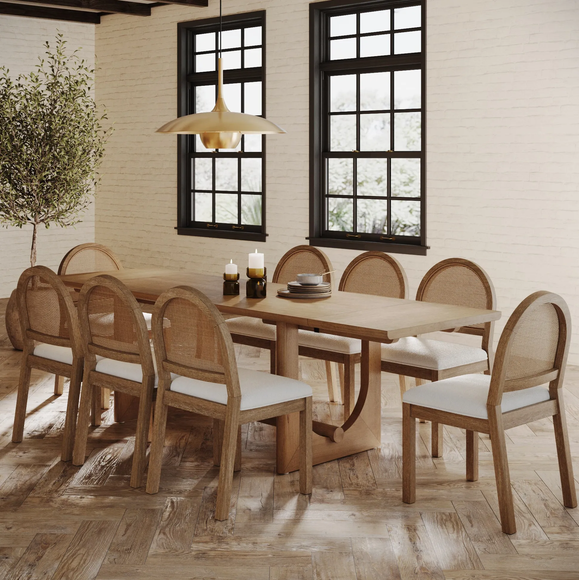 Extendable Mid-Century Rattan Dining Table Set (8 Chairs)