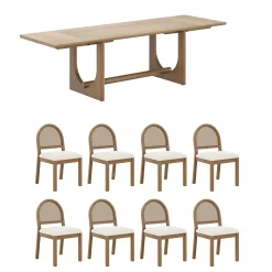 Extendable Mid-Century Rattan Dining Table Set (8 Chairs)