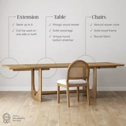 Extendable Mid-Century Rattan Dining Table Set (4 Chairs)