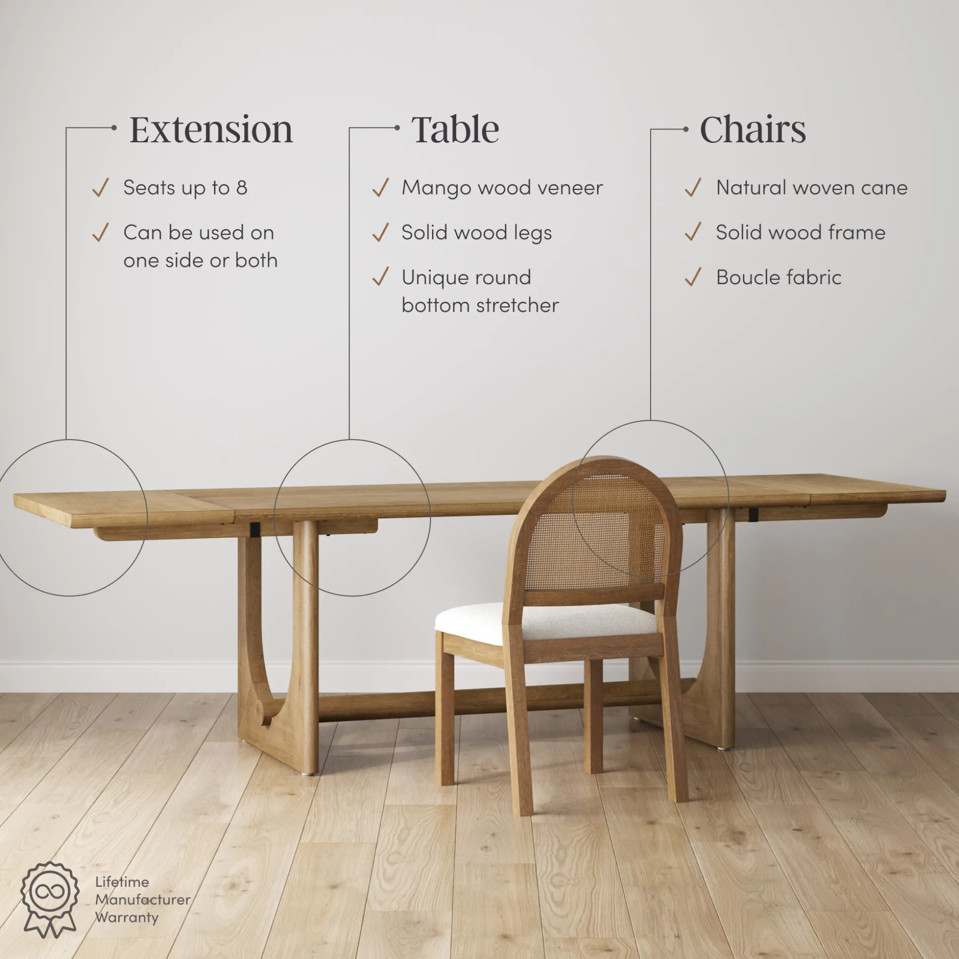 Extendable Mid-Century Rattan Dining Table Set (4 Chairs)