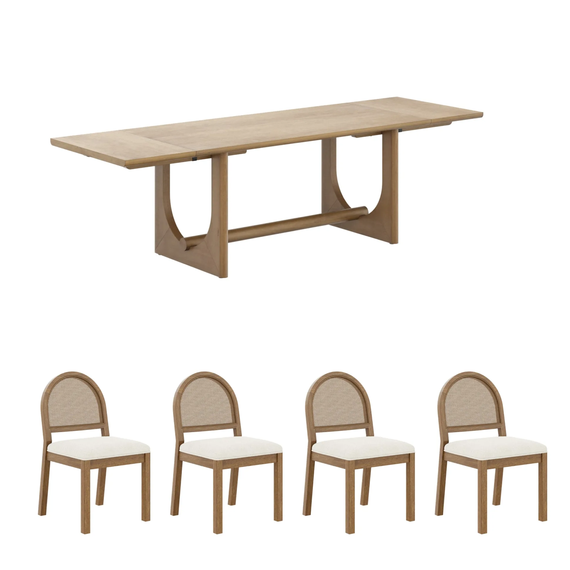 Extendable Mid-Century Rattan Dining Table Set (4 Chairs)