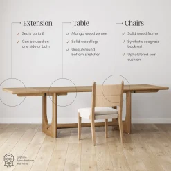 Extendable Mid-Century Seagrass Dining Table Set (6 Chairs)