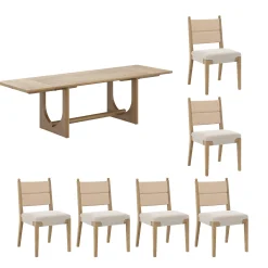 Extendable Mid-Century Seagrass Dining Table Set (6 Chairs)