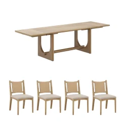 Extendable Mid-Century Seagrass Dining Table Set (4 Chairs)