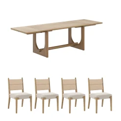 Extendable Mid-Century Seagrass Dining Table Set (4 Chairs)