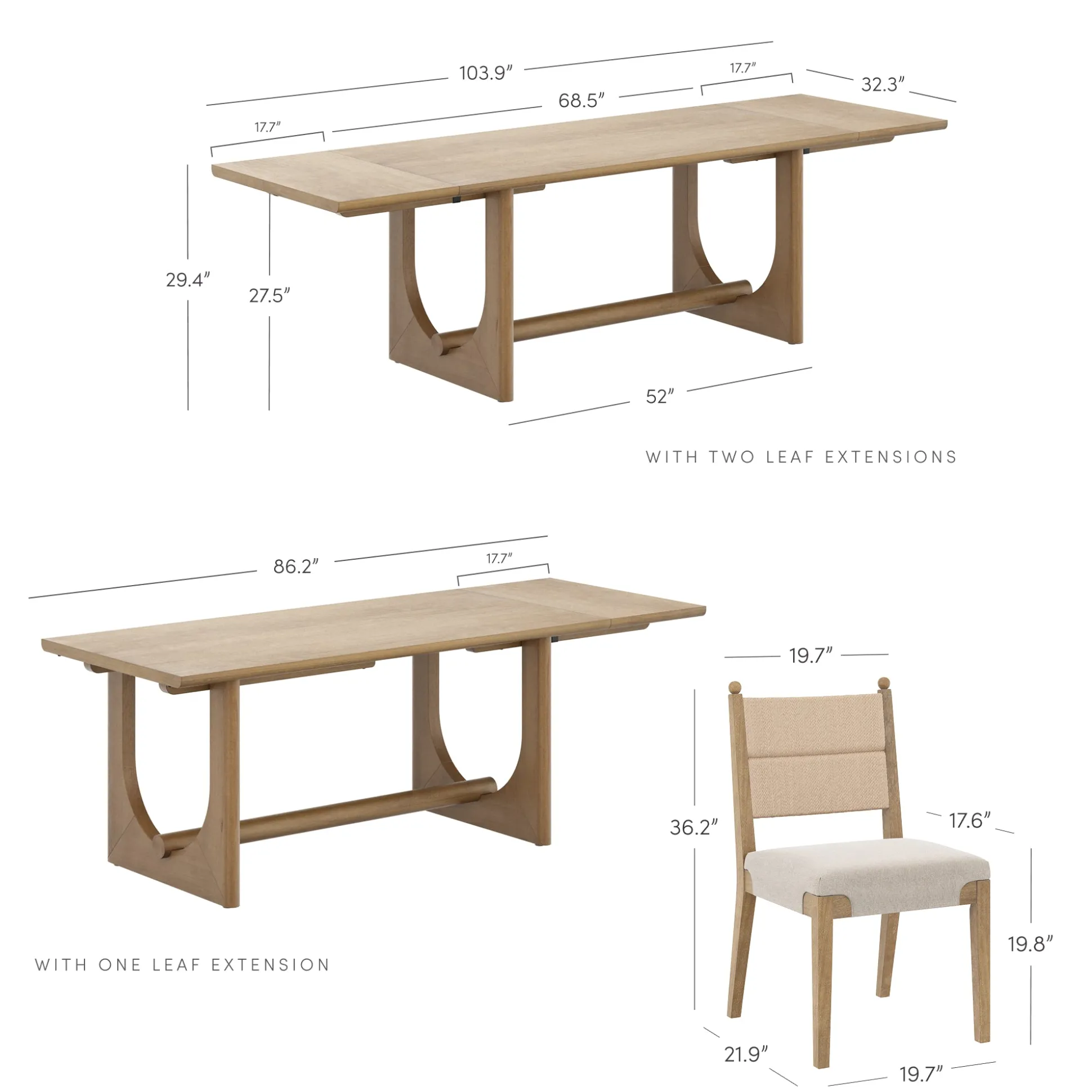 Extendable Mid-Century Seagrass Dining Table Set (4 Chairs)