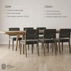 Extendable Woven Faux Leather Dining Set Black (6 Chairs)
