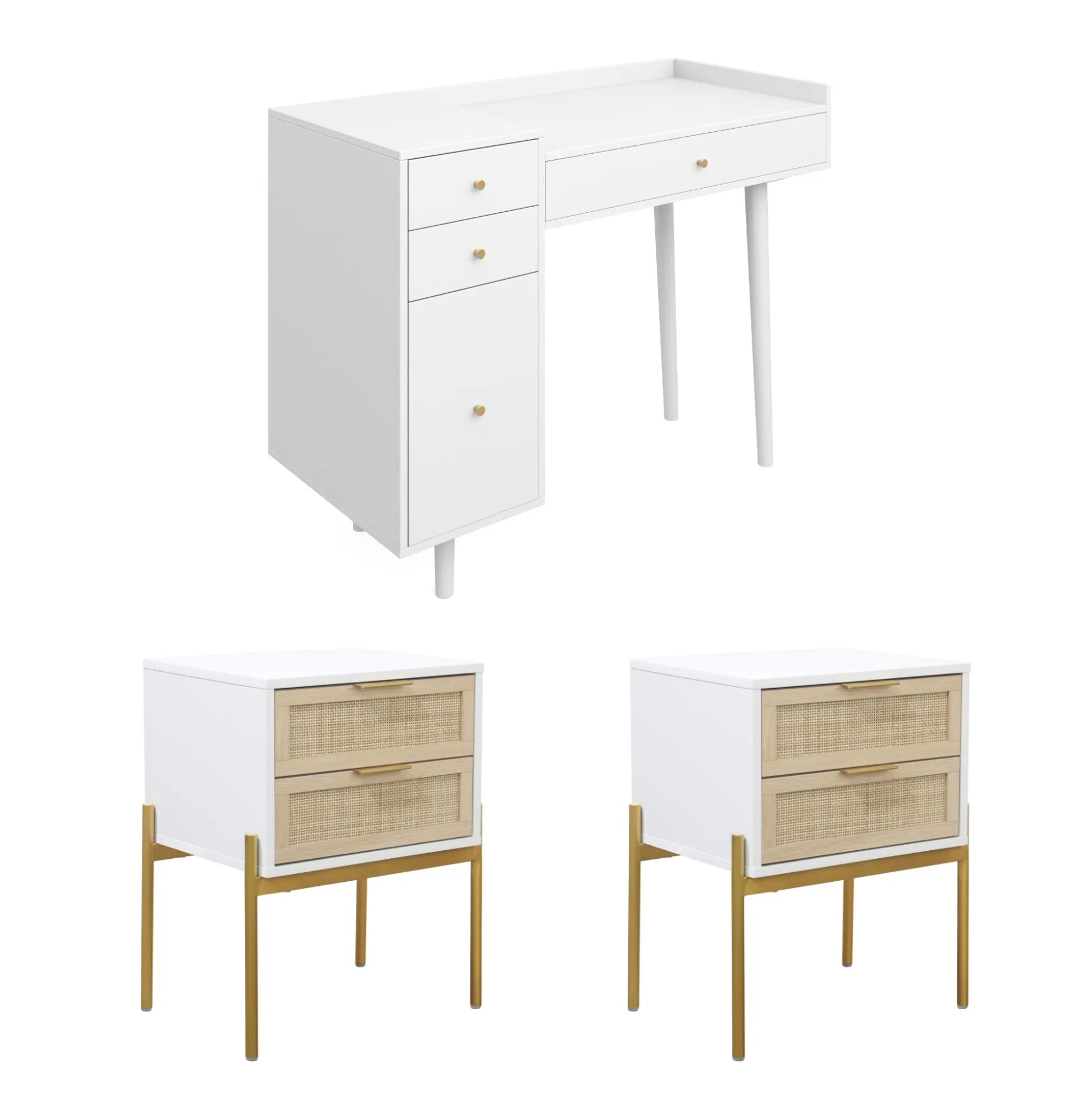 Farmhouse Wood Desk and End Table Bedroom Vanity Set