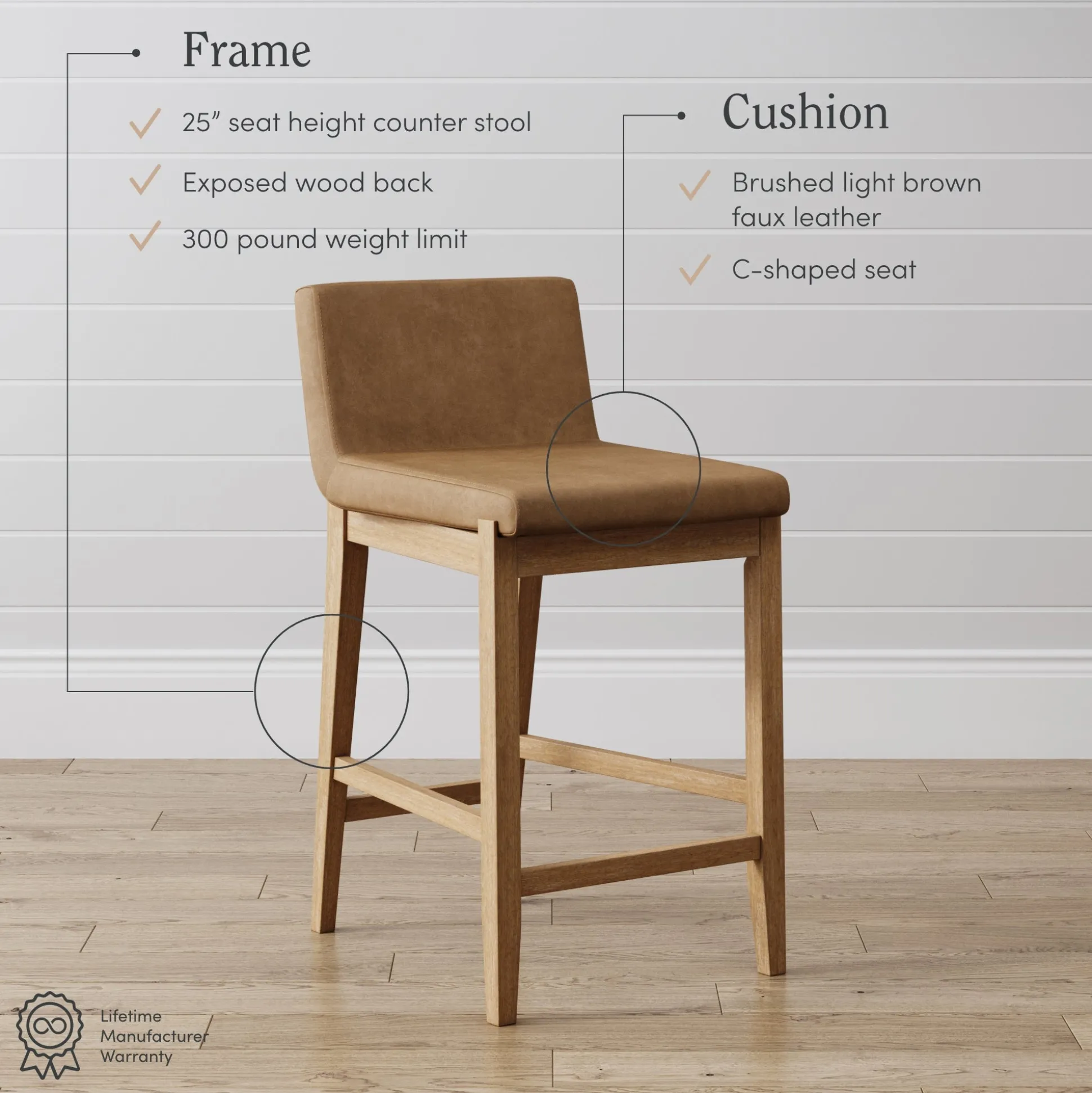 Faux Leather Counter Height Bar Stools Light Brown (Set of 2)