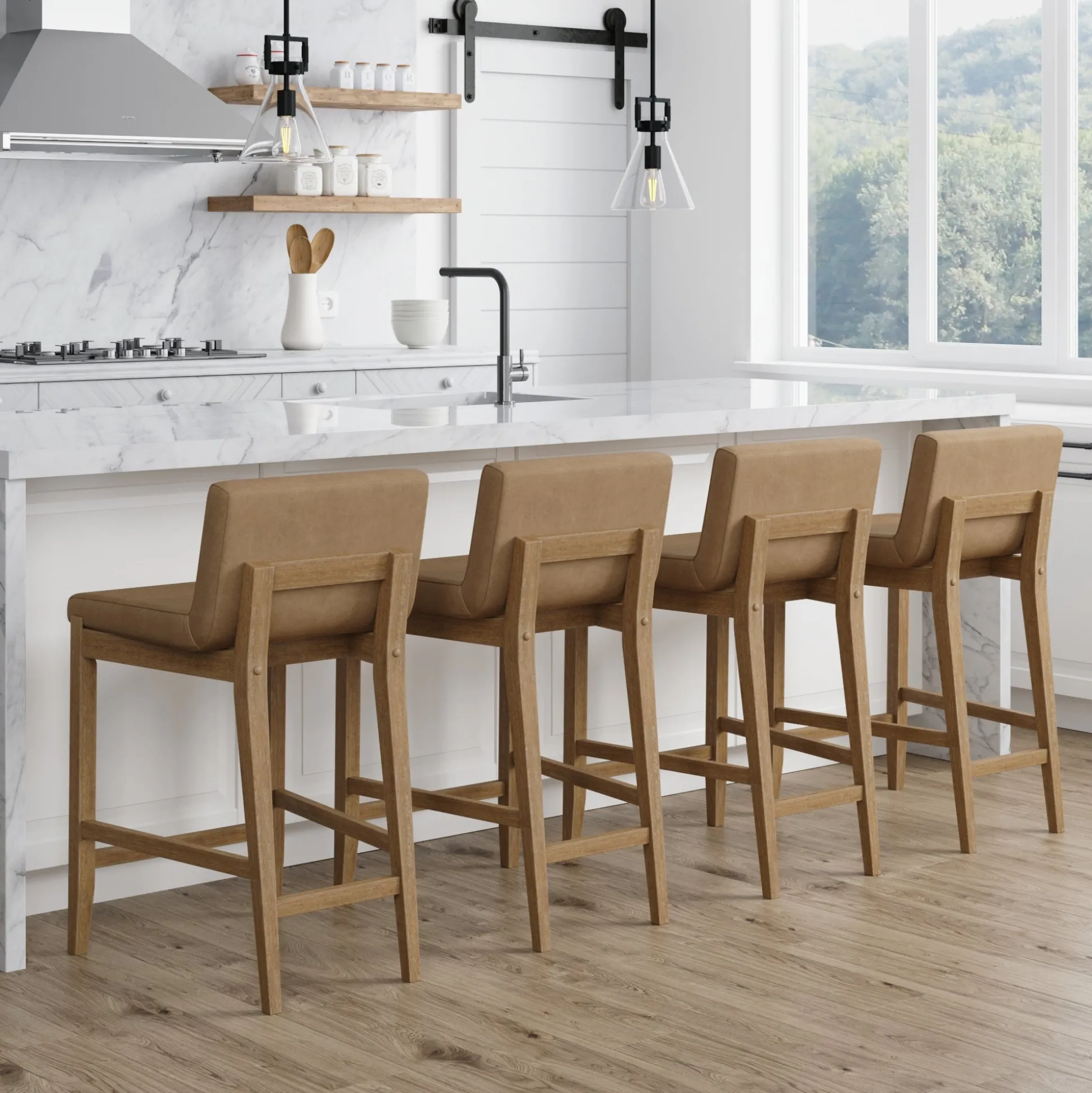 Faux Leather Counter Height Bar Stools Light Brown (Set of 4)