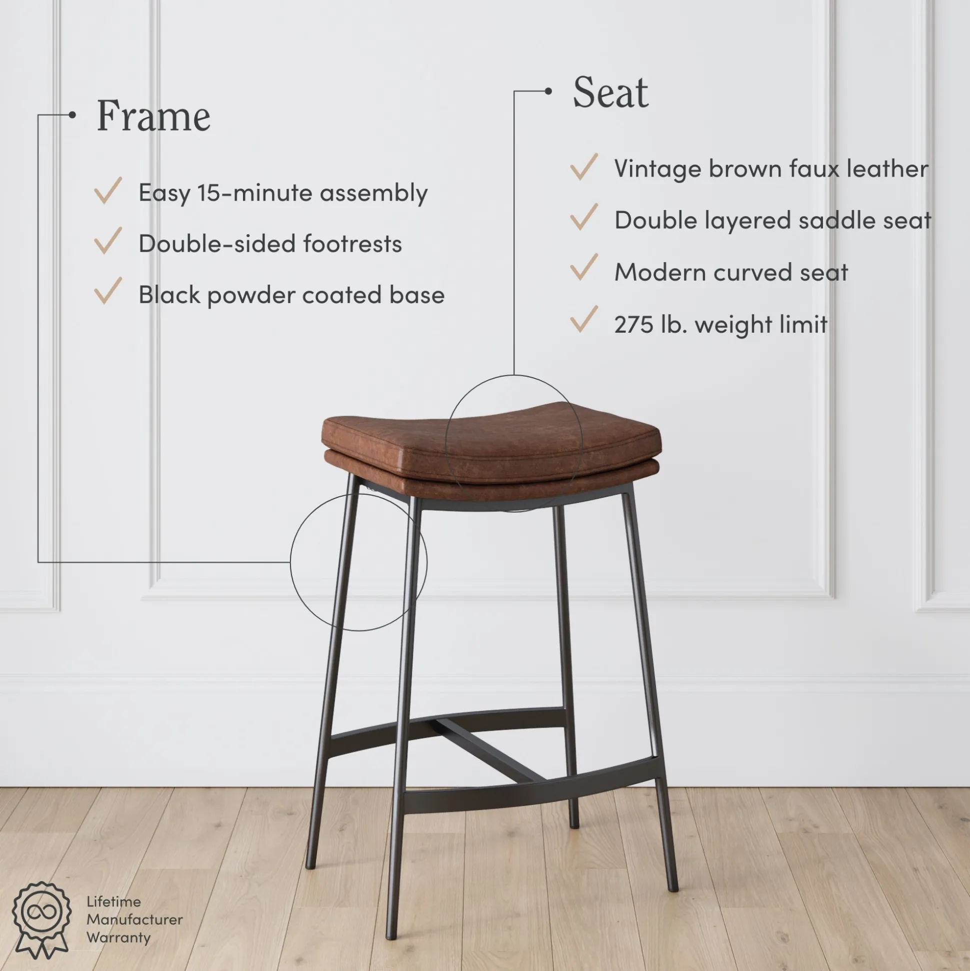 Faux Leather Counter Height Saddle Bar Stool
