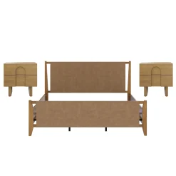 Faux Leather King Bed Frame with 2 Arched Nightstands Set Light Brown