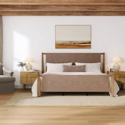 Faux Leather King Bed Frame with 2 Arched Nightstands Set Light Brown