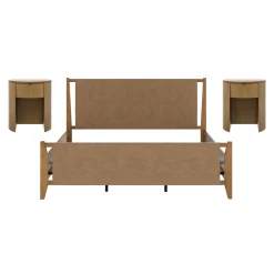Faux Leather King Bed Frame with 2 Curved Nightstands Set Light Brown
