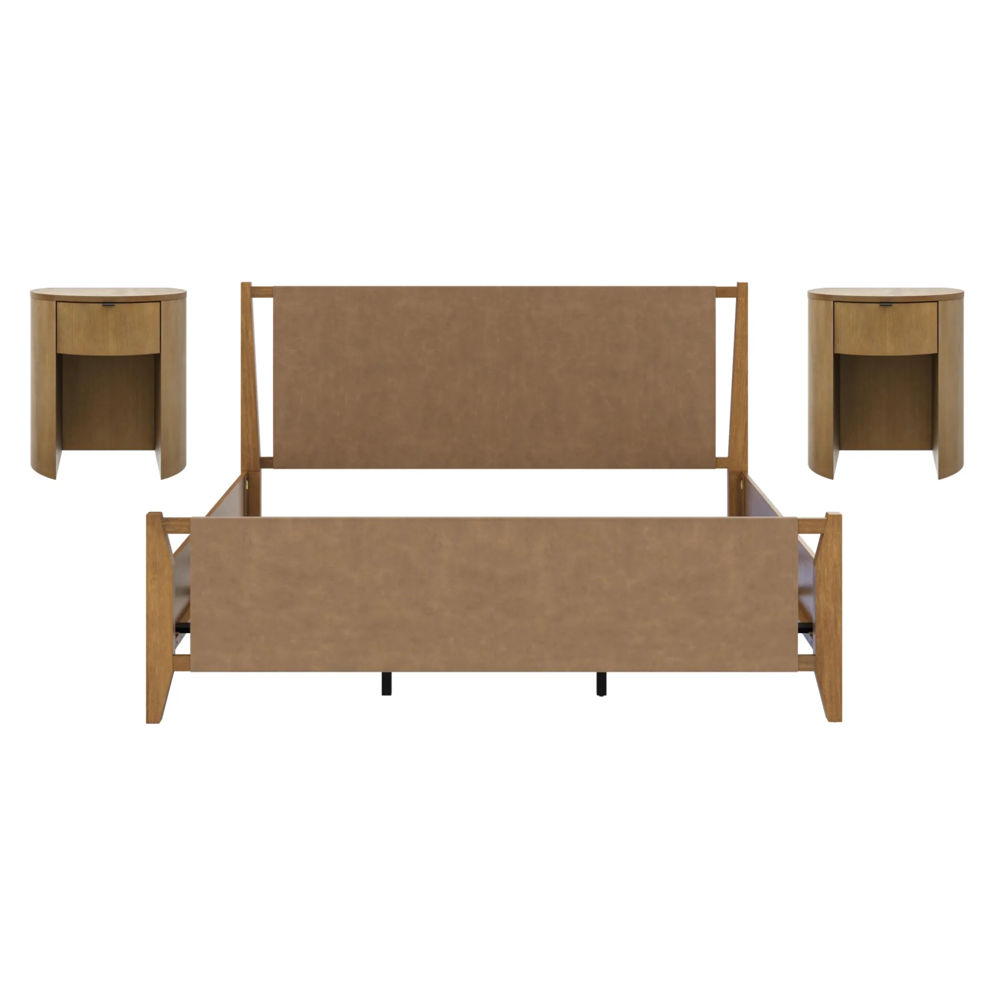 Faux Leather King Bed Frame with 2 Curved Nightstands Set Light Brown
