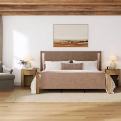 Faux Leather King Bed Frame with 2 Curved Nightstands Set Light Brown