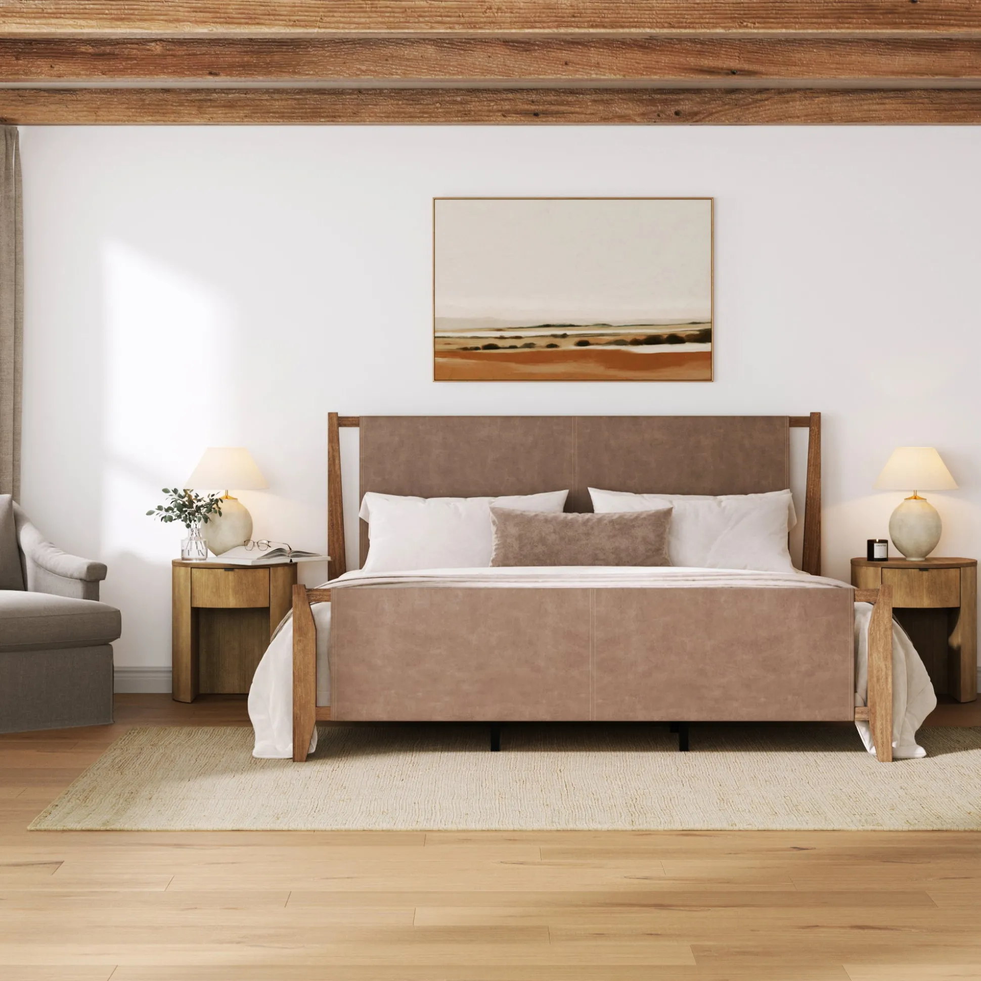 Faux Leather King Bed Frame with 2 Curved Nightstands Set Light Brown