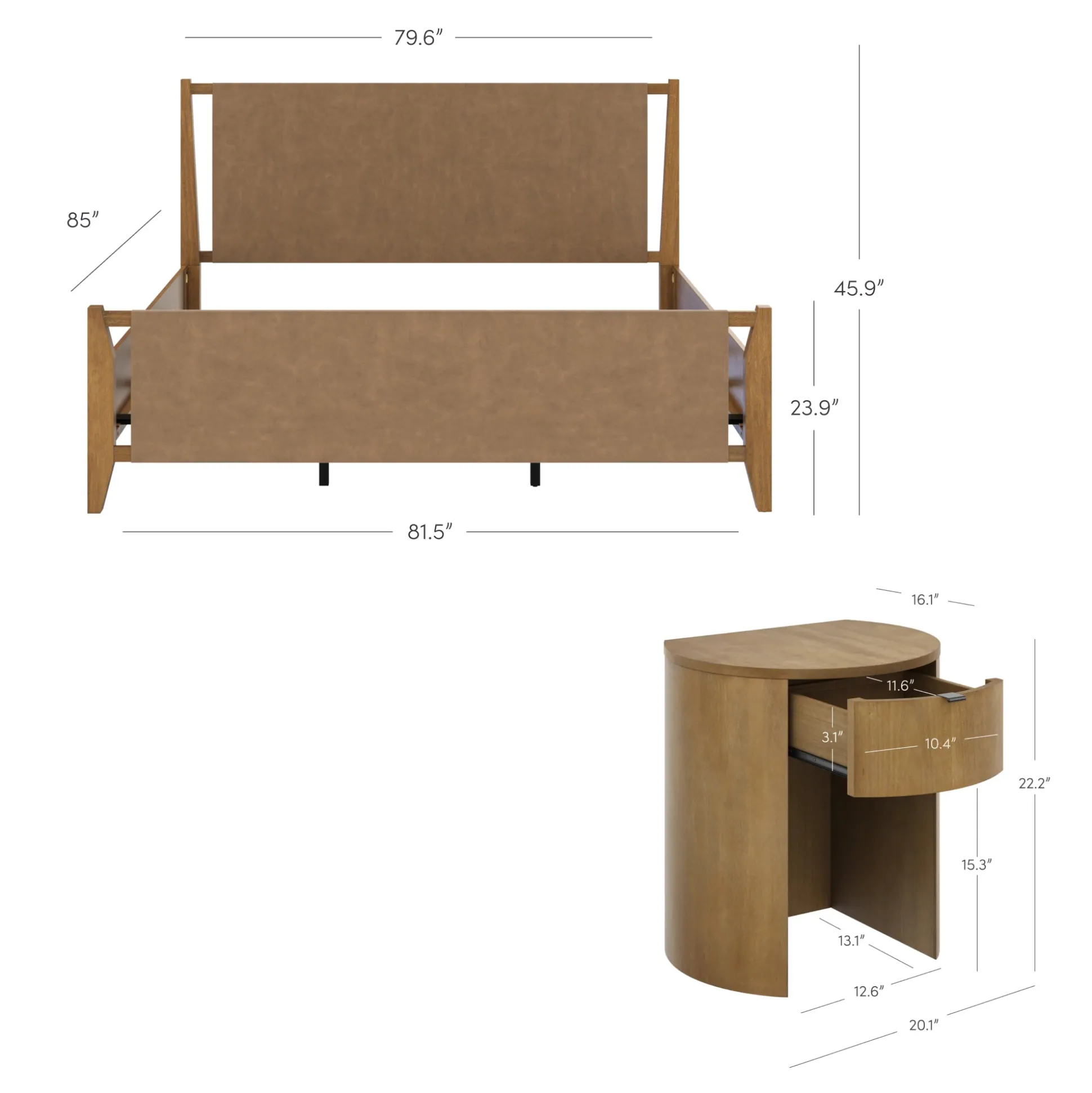 Faux Leather King Bed Frame with 2 Curved Nightstands Set Light Brown