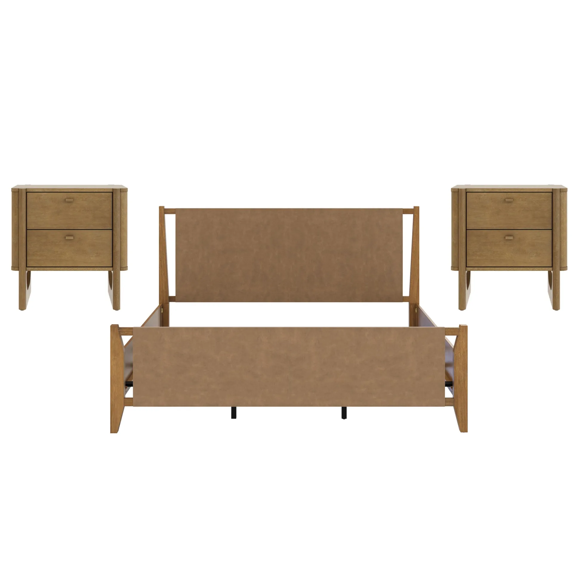 Faux Leather King Bedroom Set with 2 Nightstands Light Brown