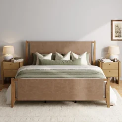 Faux Leather King Bedroom Set with 2 Nightstands Light Brown