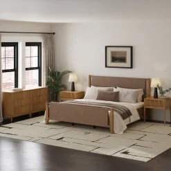 Faux Leather King Bedroom Set with 2 Fluted Dressers & 2 Nightstands Light Brown