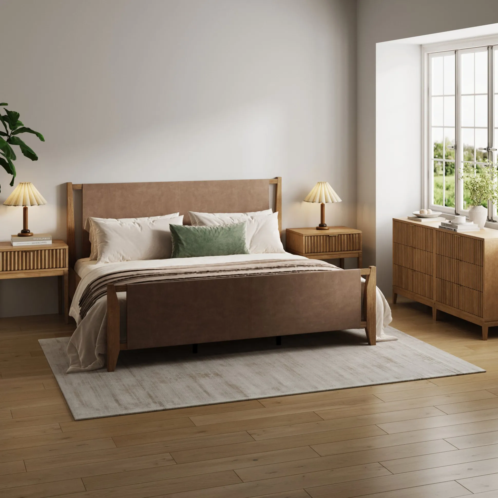 Faux Leather King Bedroom Set with 2 Fluted Dressers & 2 Nightstands Light Brown