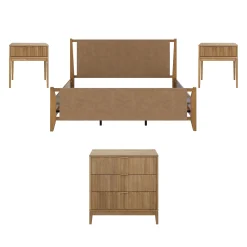 Faux Leather King Bedroom Set with 1 Fluted Dresser & 2 Nightstands Light Brown