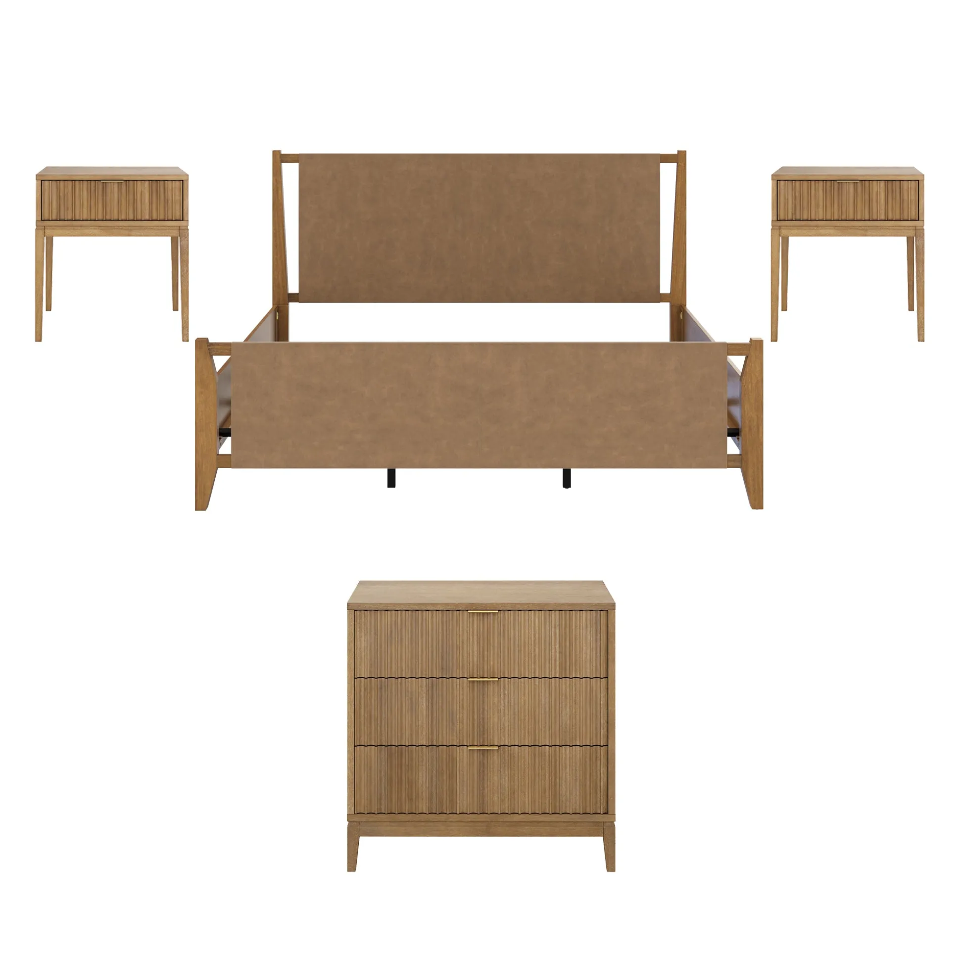 Faux Leather King Bedroom Set with 1 Fluted Dresser & 2 Nightstands Light Brown