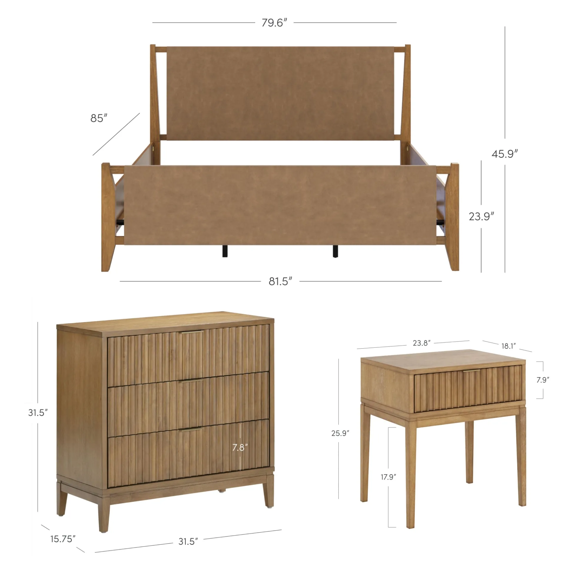 Faux Leather King Bedroom Set with 1 Fluted Dresser & 2 Nightstands Light Brown