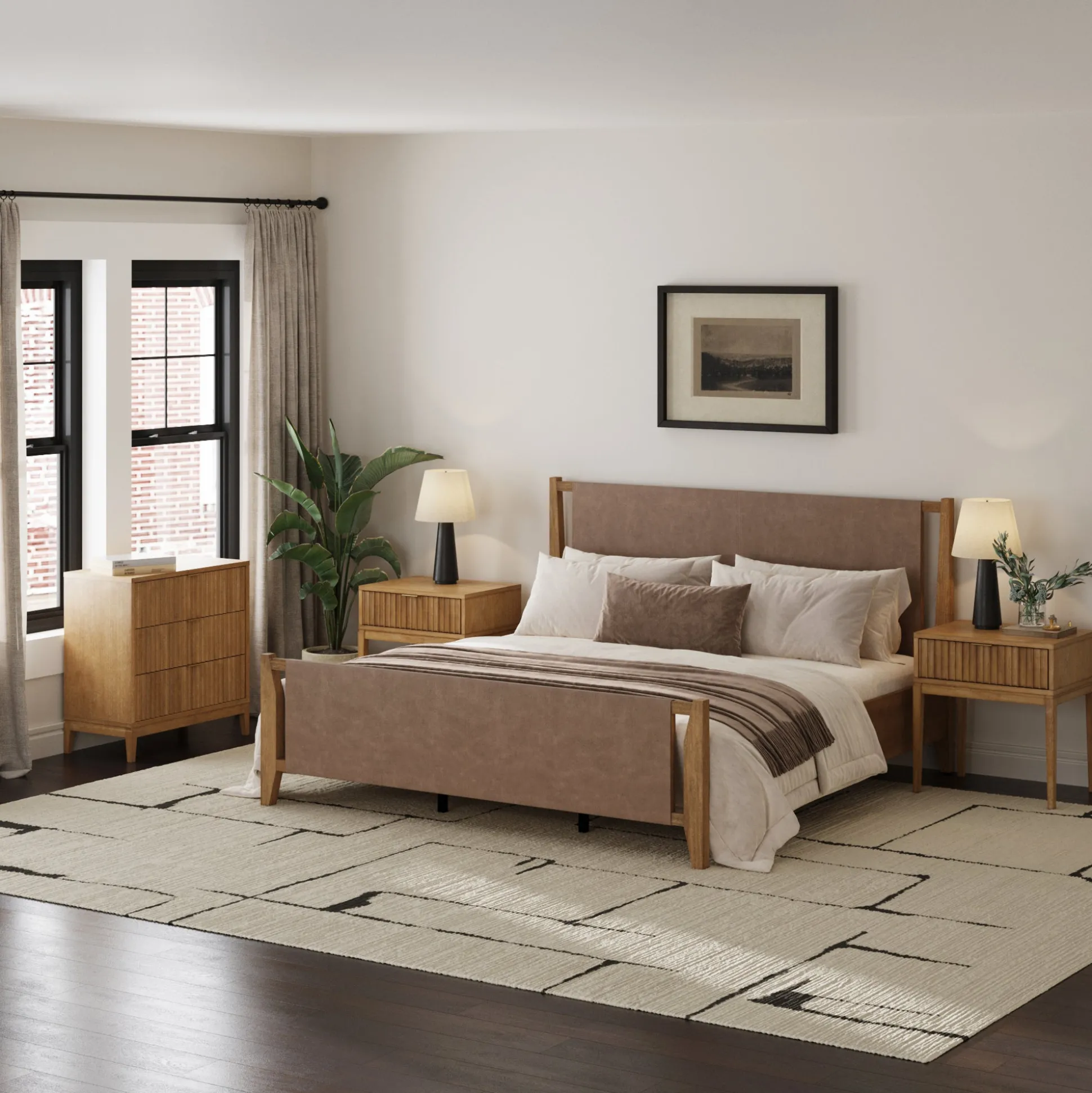 Faux Leather King Bedroom Set with 1 Fluted Dresser & 2 Nightstands Light Brown