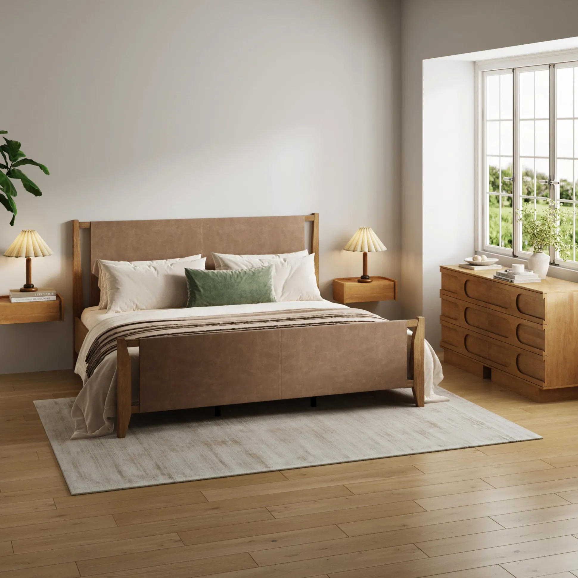 Faux Leather King Bedroom Set with 2 Dressers & 2 Nightstands Light Brown