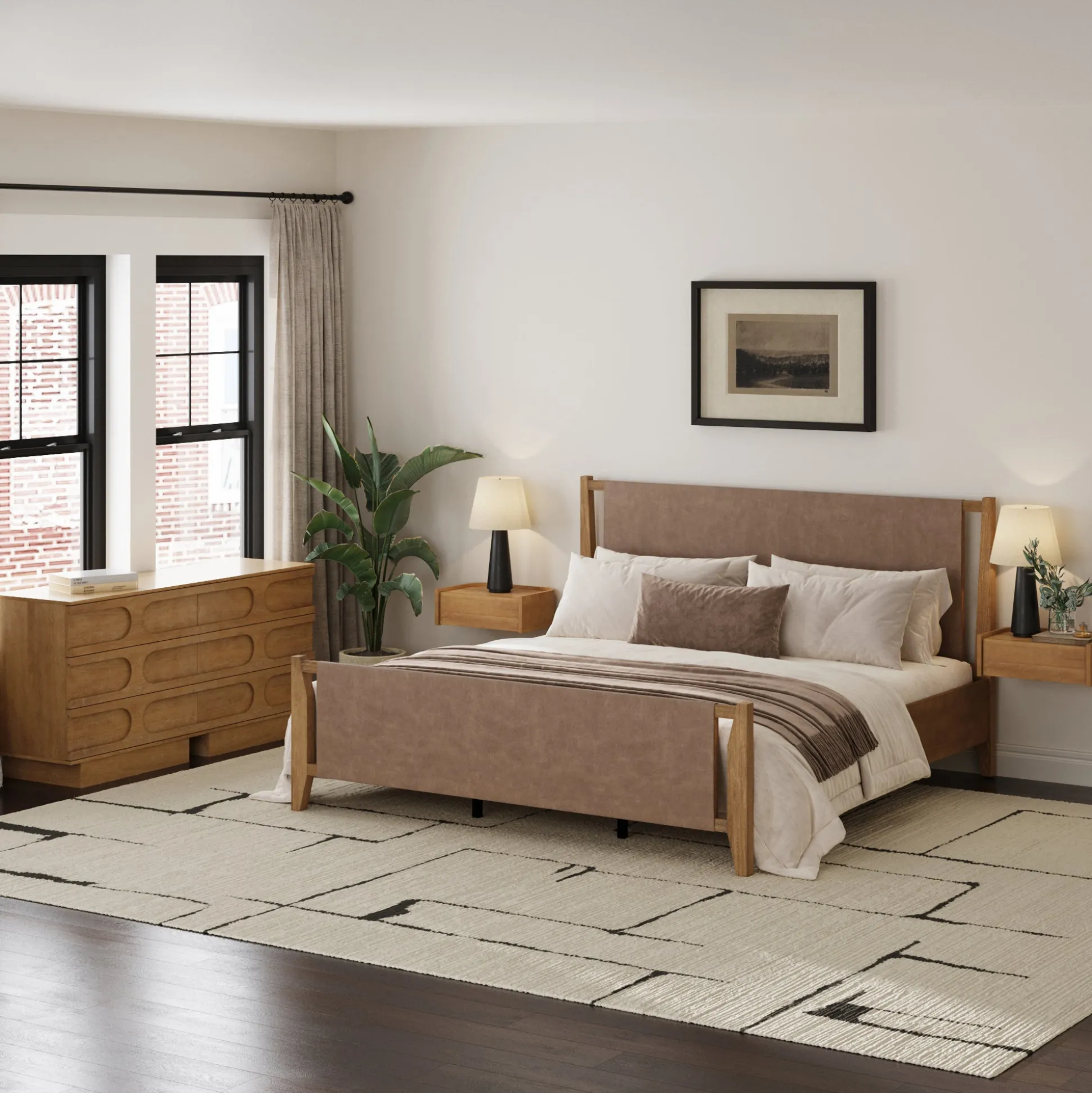 Faux Leather King Bedroom Set with 2 Dressers & 2 Nightstands Light Brown