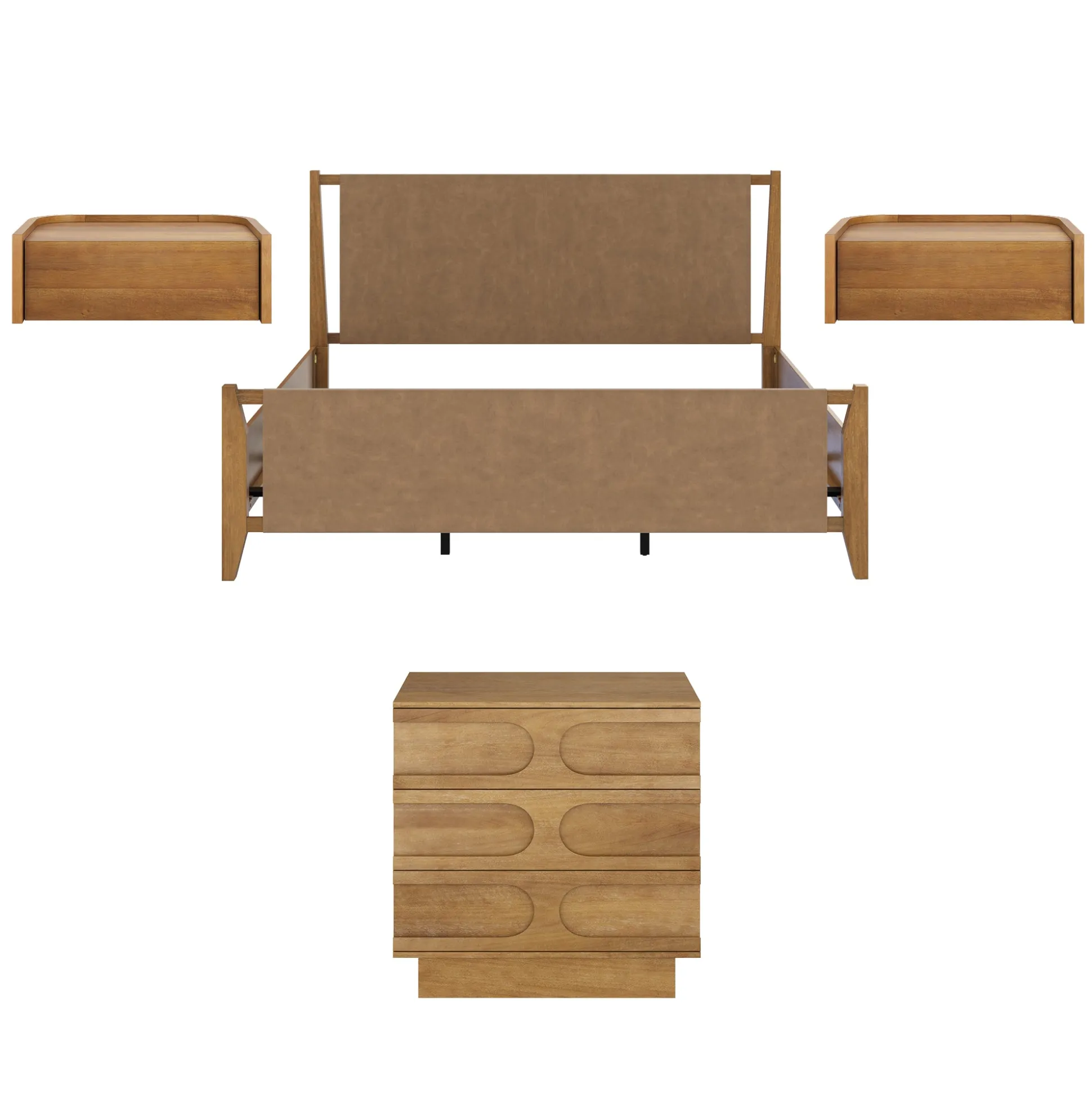 Faux Leather King Bedroom Set with 1 Dresser & 2 Nightstands Light Brown