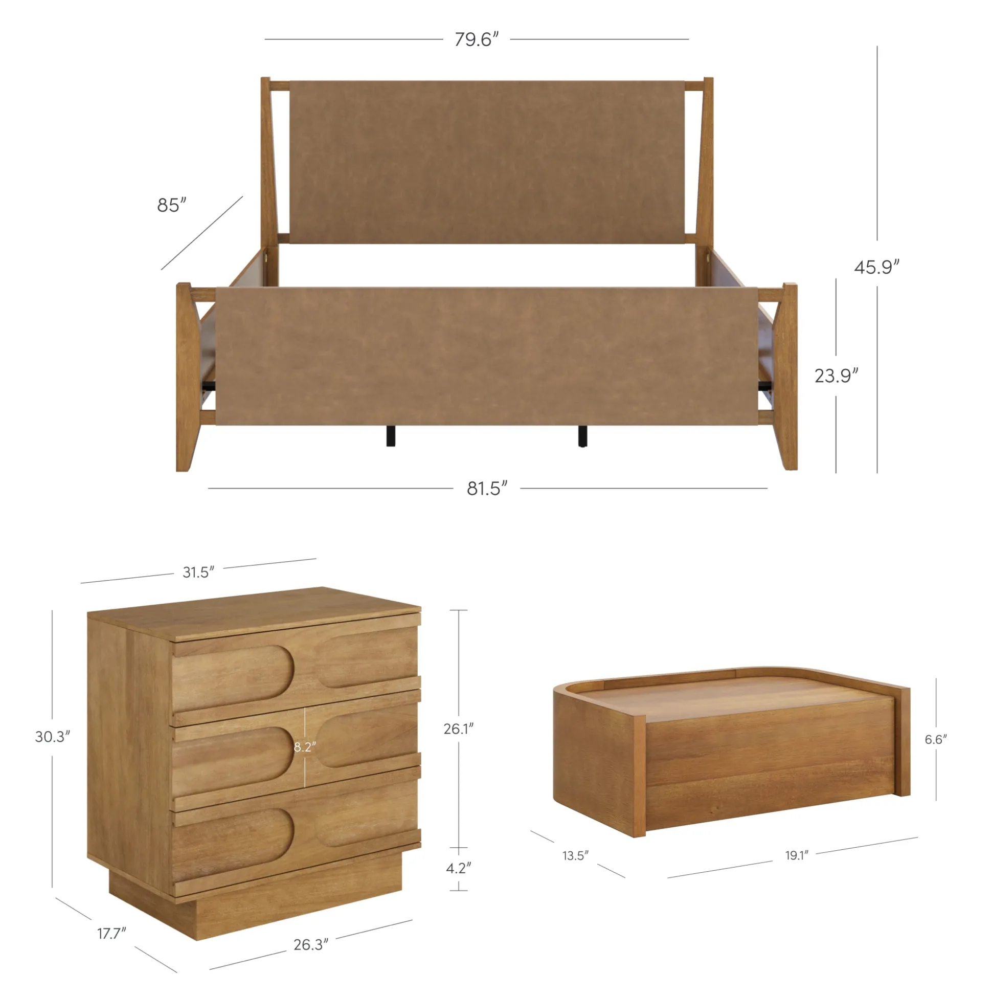 Faux Leather King Bedroom Set with 1 Dresser & 2 Nightstands Light Brown