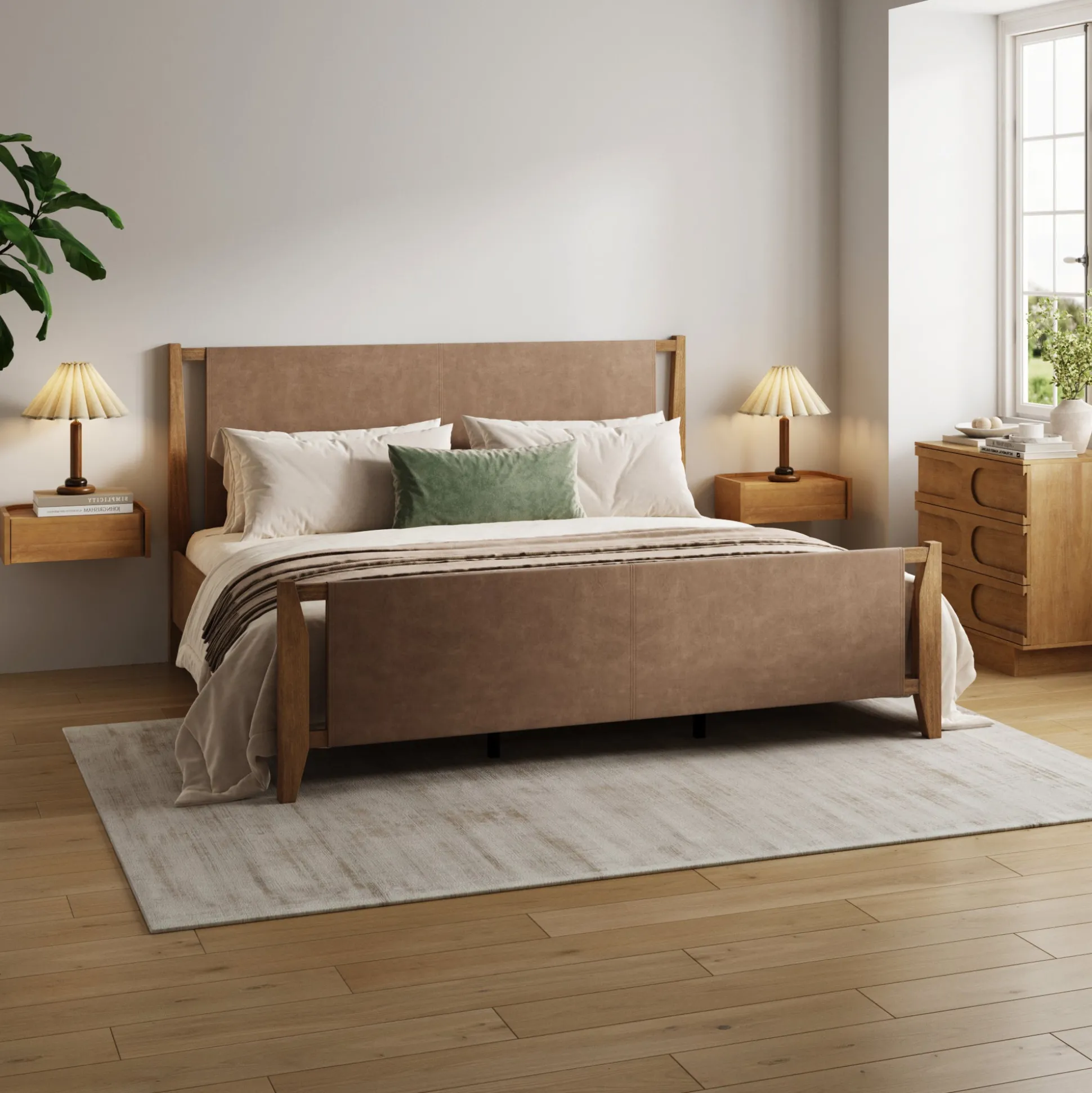 Faux Leather King Bedroom Set with 1 Dresser & 2 Nightstands Light Brown