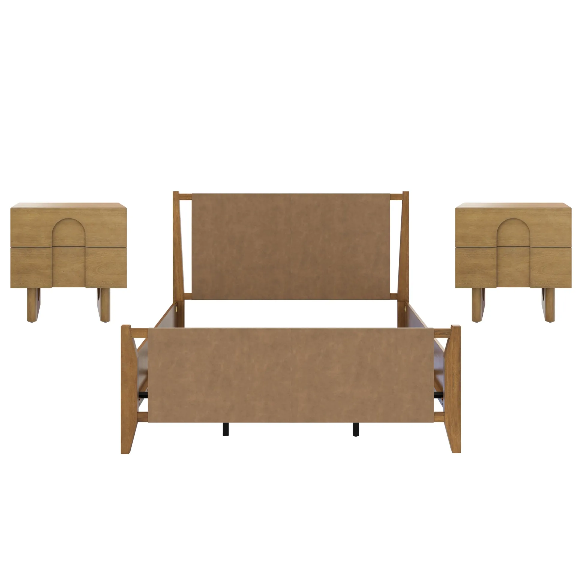 Faux Leather Queen Bed Frame with 2 Arched Nightstands Set Light Brown