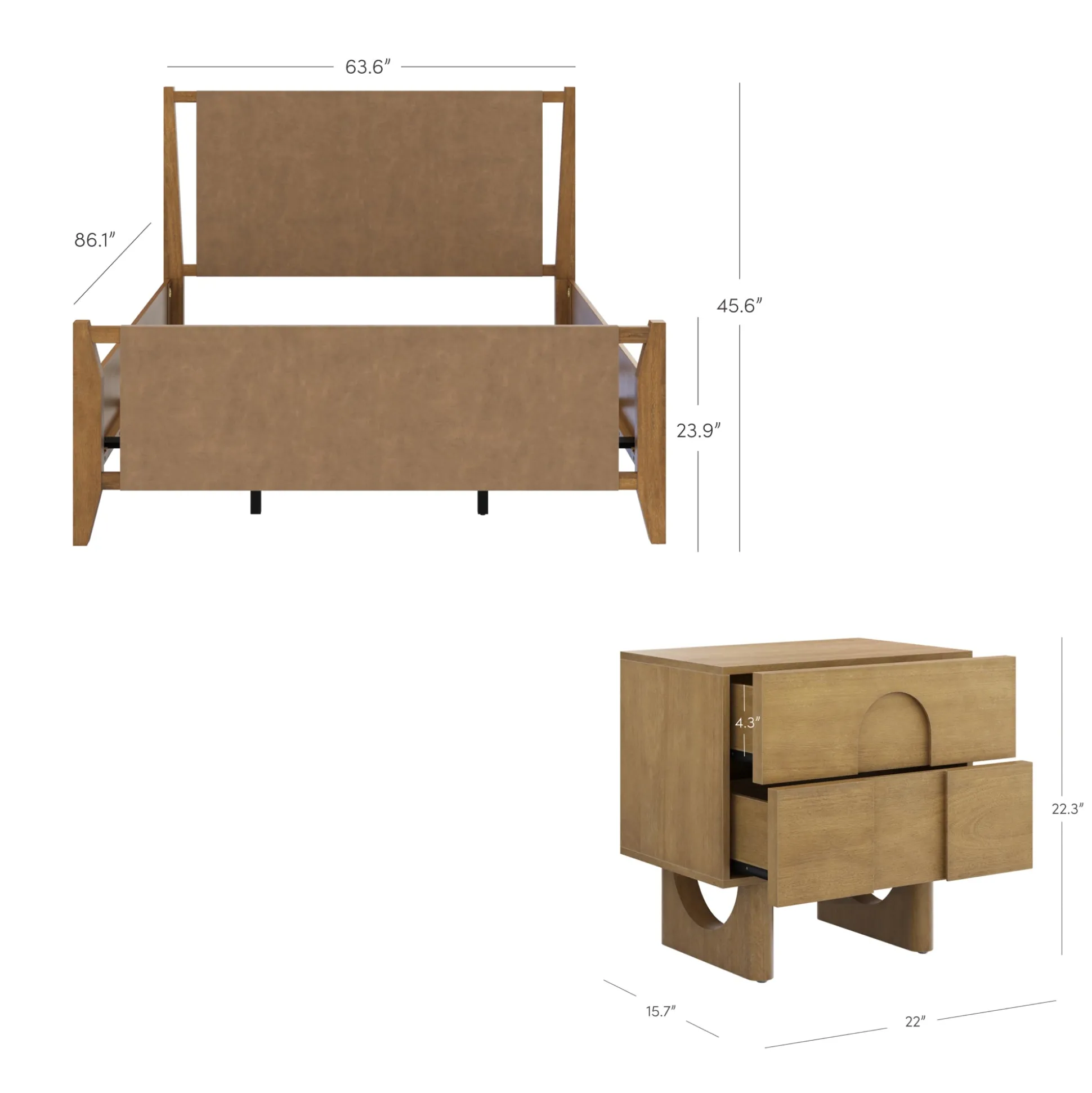 Faux Leather Queen Bed Frame with 2 Arched Nightstands Set Light Brown