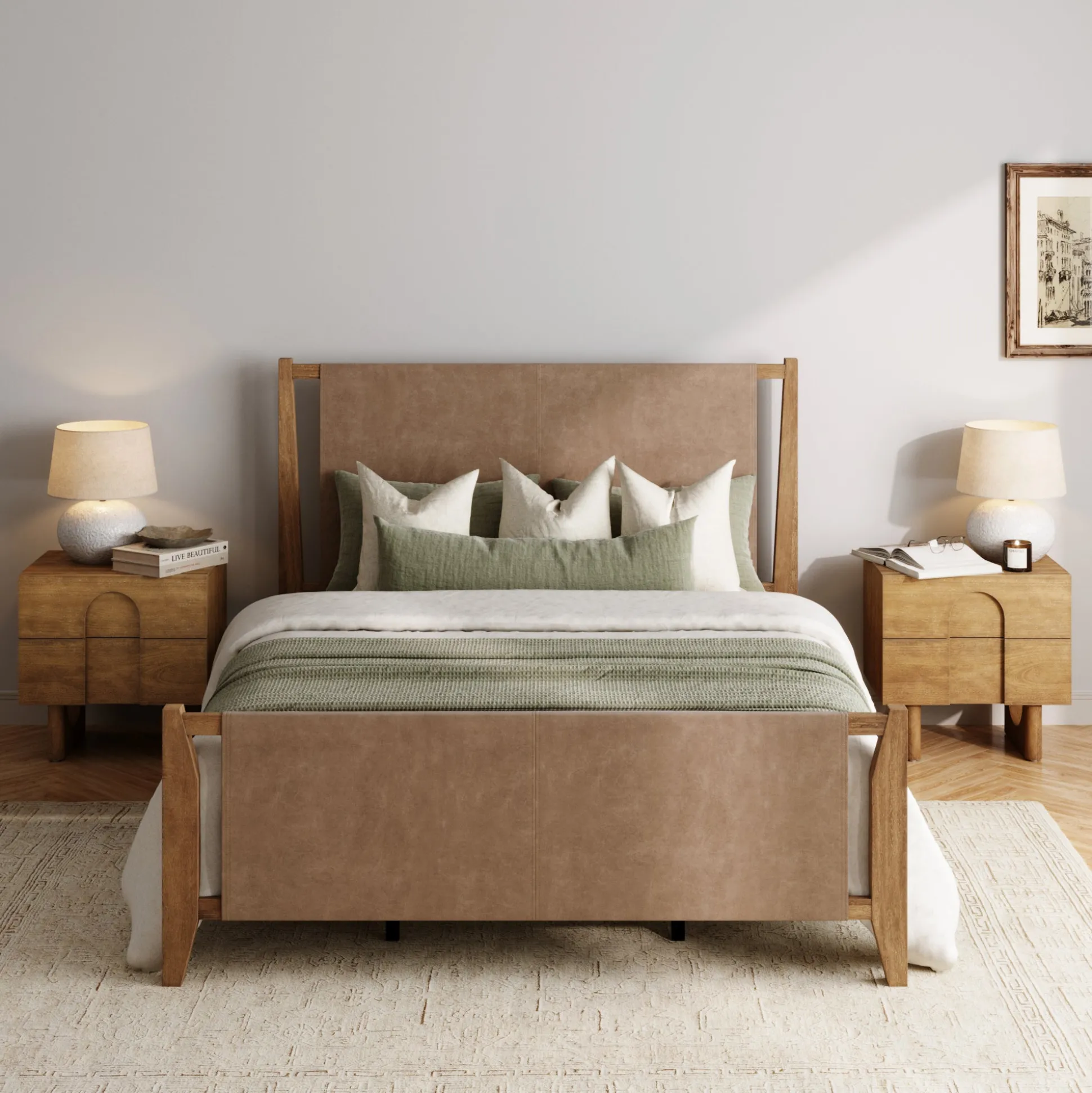Faux Leather Queen Bed Frame with 2 Arched Nightstands Set Light Brown